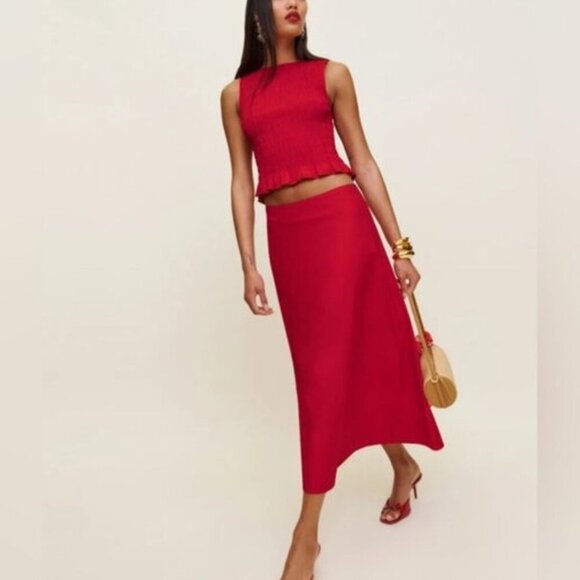 NEW Reformation Laguna Two Piece Matching Midi Skirt Set Lipstick Red US 4 UK 8 - Picture 1 of 15